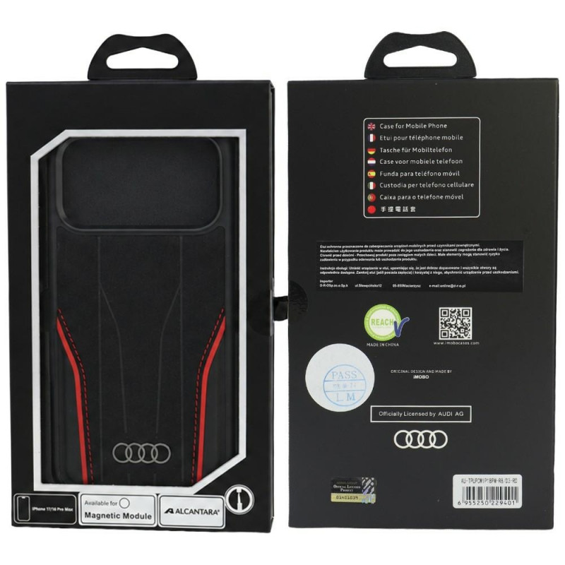 Audi R8 Genuine Leather MagSafe Hülle aus echtem Leder für iPhone 18 Pro Max / 17 Pro Max, schwarz-rot (AUDI000240)