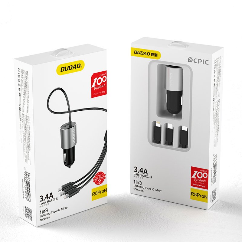 Dudao R5ProN Kfz-Ladegerät mit integriertem 3-in-1-Kabel (Lightning / USB-C / Micro-USB), 3,4 A, 1 m, schwarz