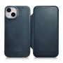 iCarer CE Oil Wax Premium Leather Folio Case magnetische Klapphülle für iPhone 14 Plus, MagSafe, blau (AKI14220707-BU)