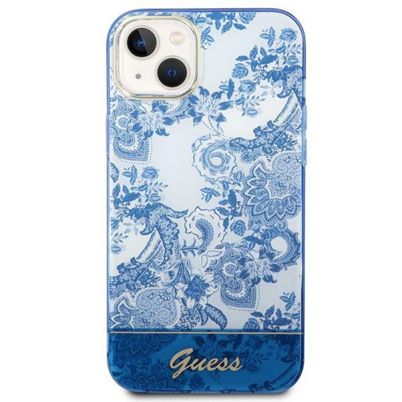 Guess GUHCP14MHGPLHB Hardcase-Hülle für Apple iPhone 14 Plus / 15 Plus, Porcelain Collection, blau