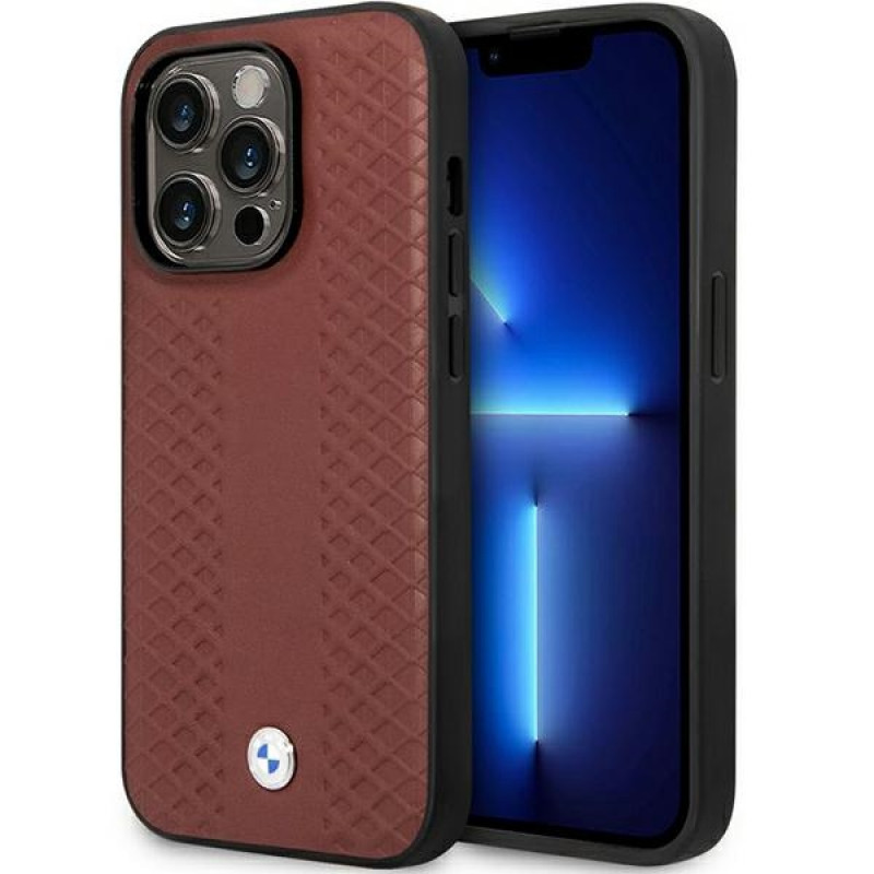 BMW BMHCP14L22RFGR Leather Diamond Pattern Hardcase für iPhone 14 Pro 6,1", burgunderrot