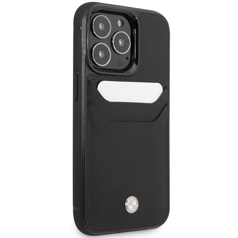 BMW BMHCP14X22RSEPK Hülle für iPhone 14 Pro Max, schwarz, Leather Card Slot