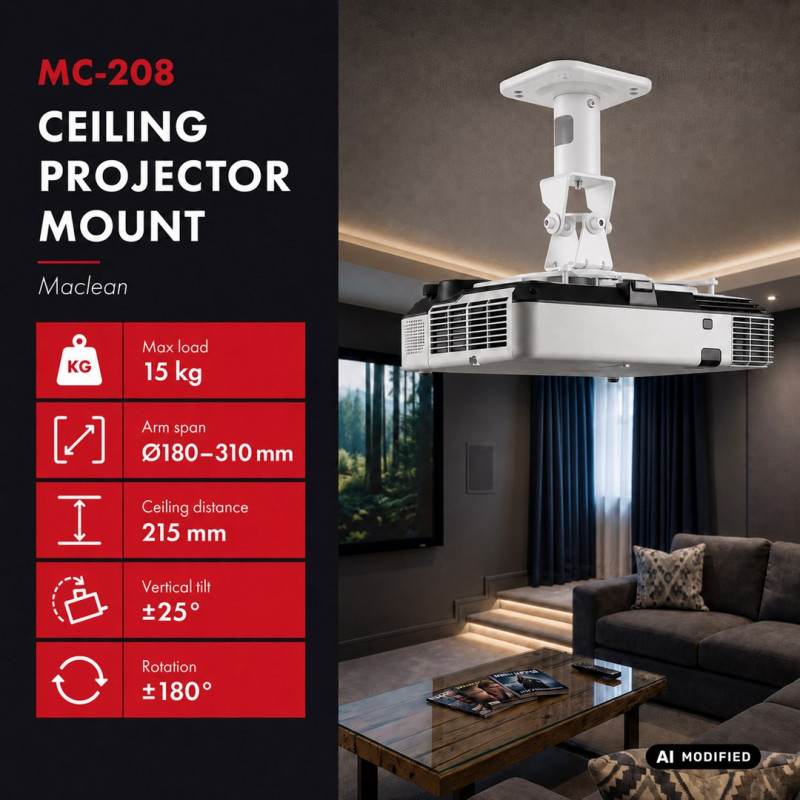 Maclean MC-208 W Deckenhalterung für Projektoren, Stahl, 180–310 mm, bis 15 kg, weiß