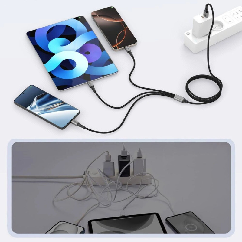 Tech-Protect UltraBoost DNA 3-in-1-Kabel USB-A auf Lightning / USB-C / Micro-USB, 3 A, 120 cm, eisengrau