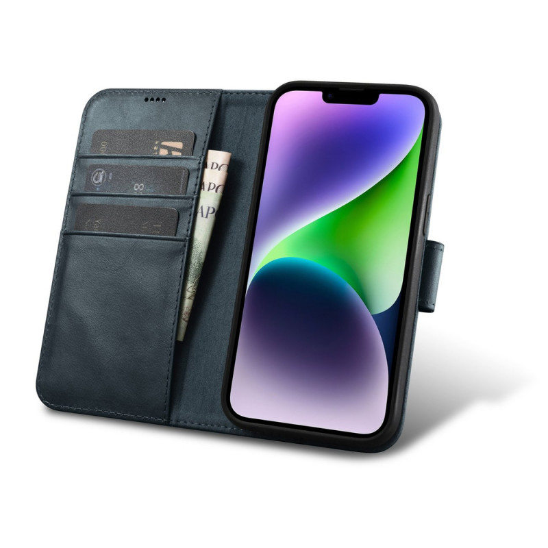 iCarer Oil Wax Wallet Case 2in1 Leder-Klapphülle für iPhone 14 Plus, Anti-RFID, blau (WMI14220723-BU)