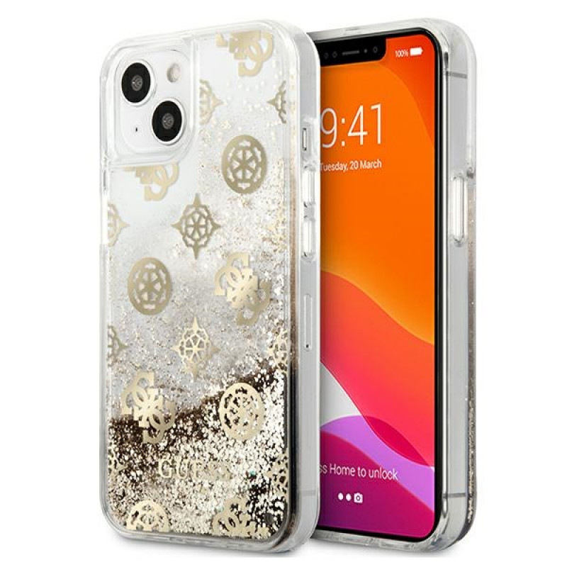 Guess GUHCP13SLGPEGO Apple iPhone 13 mini Hardcase Hülle Peony Liquid Glitter, Gold