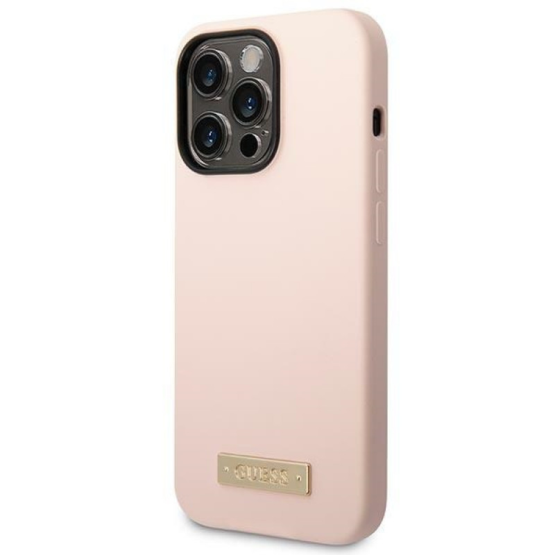 Guess Silikon-Hülle mit Metall-Logo, MagSafe-kompatibel, für Apple iPhone 14 Pro, Pink