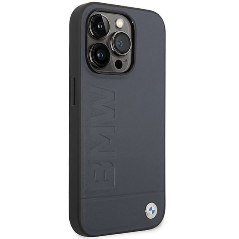 BMW BMHMP14XSLLNA Apple iPhone 14 Pro Max Hardcase Hülle, Leather Hot Stamp MagSafe, marineblau