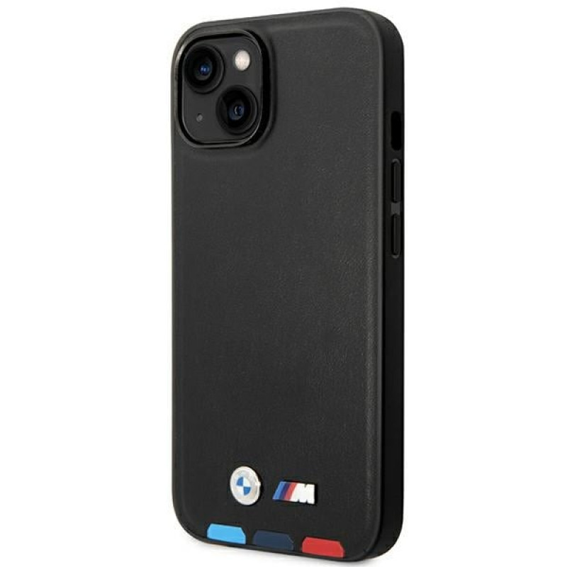 BMW BMHMP14S22PTDK Apple iPhone 14 Hülle, Leather Stamp Tricolor MagSafe, schwarz