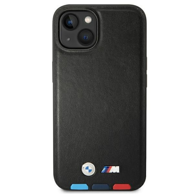 BMW BMHMP14S22PTDK Apple iPhone 14 Hülle, Leather Stamp Tricolor MagSafe, schwarz
