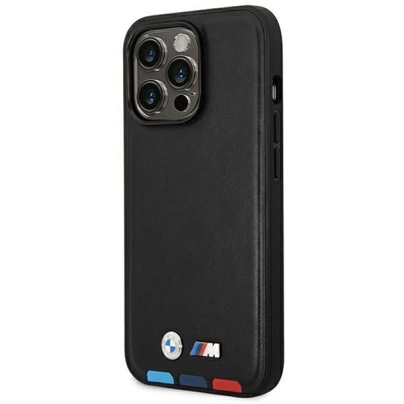 BMW BMHMP14X22PTDK Apple iPhone 14 Pro Max Hülle, Leather Stamp Tricolor MagSafe, schwarz