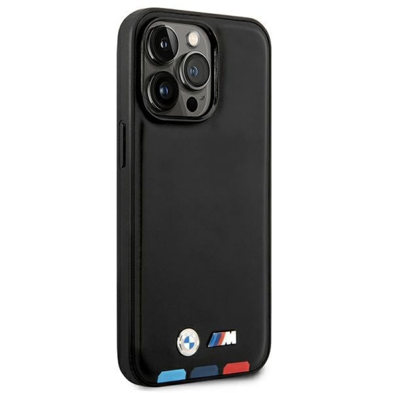 BMW BMHMP14L22PTDK Apple iPhone 14 Pro Hülle, Leather Stamp Tricolor MagSafe, schwarz