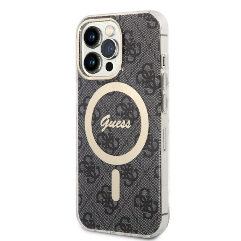 Guess GUBPP13LH4EACSK Hülle + kabelloses Ladegerät Set für Apple iPhone 13 Pro, schwarze Hardcase 4G Print MagSafe