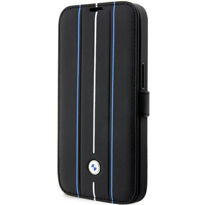 BMW BMBKP14L22RVSK Leather Stamp Blue Lines Bookcase für Apple iPhone 14 Pro 6,1", schwarz