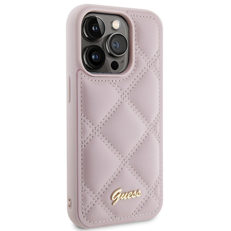 Guess GUHCP15LPSQSQSP Quilted Metal Logo Hardcase für Apple iPhone 15 Pro, pink
