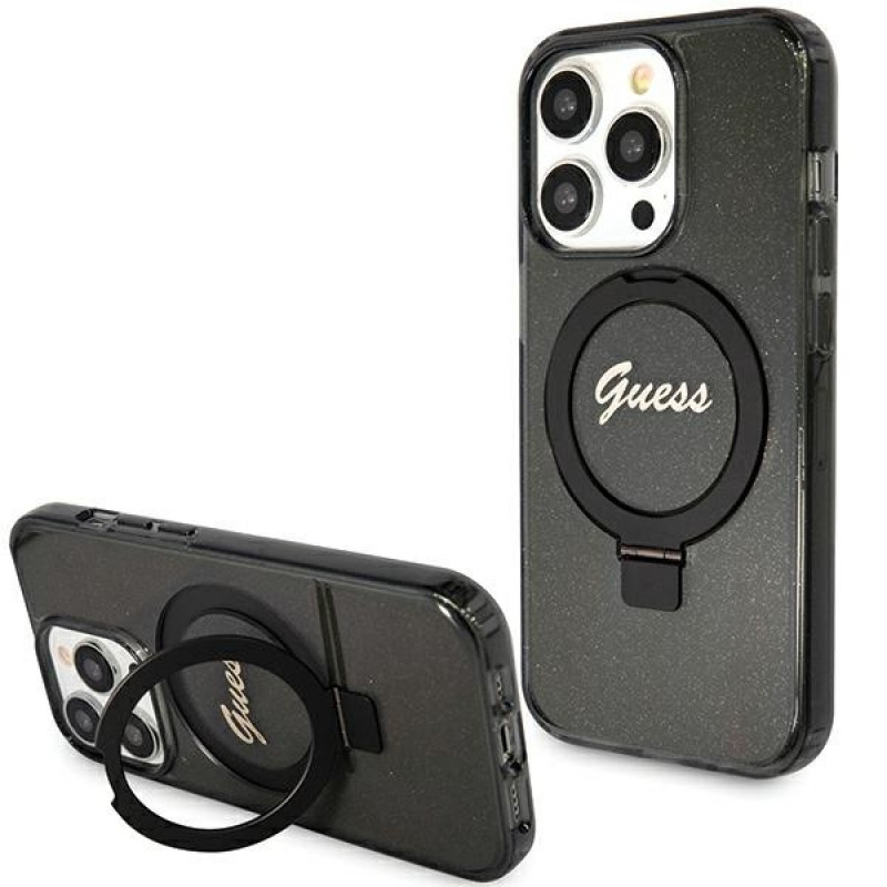 Guess GUHMP15LHRSGSK Ring Stand Script Glitter MagSafe Hardcase für Apple iPhone 15 Pro, Schwarz