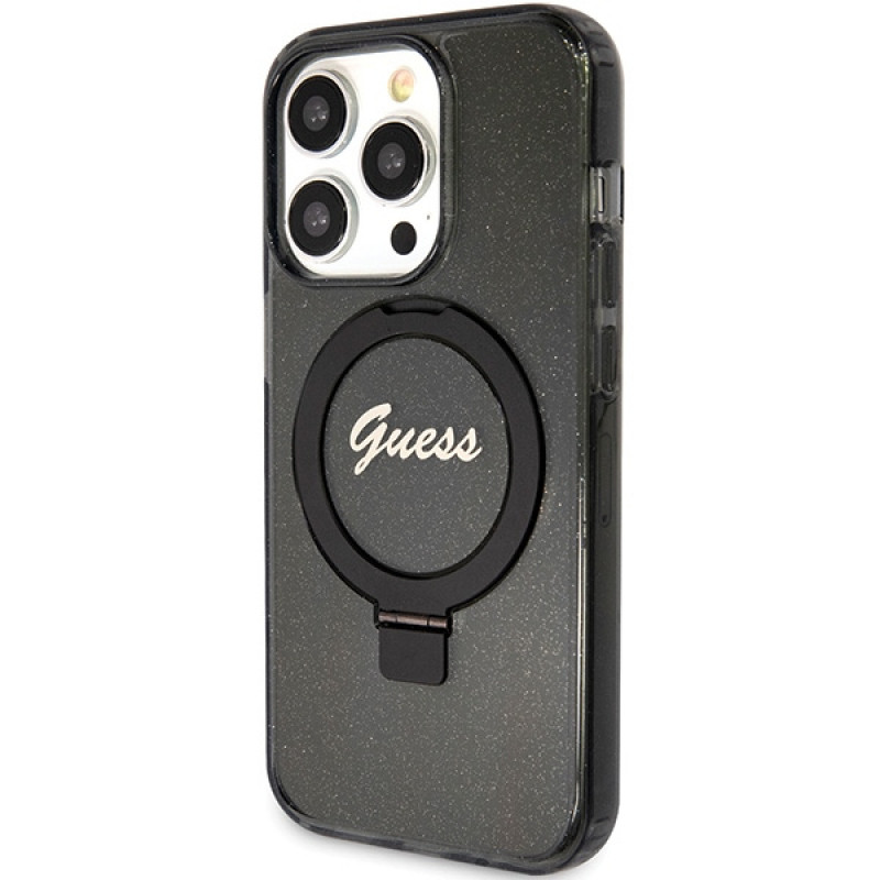 Guess GUHMP15XHRSGSK Ring Stand Script Glitter MagSafe Hardcase für Apple iPhone 15 Pro Max, Schwarz