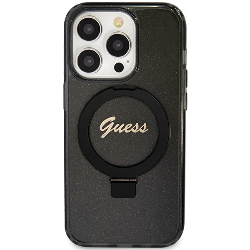 Guess GUHMP15XHRSGSK Ring Stand Script Glitter MagSafe Hardcase für Apple iPhone 15 Pro Max, Schwarz