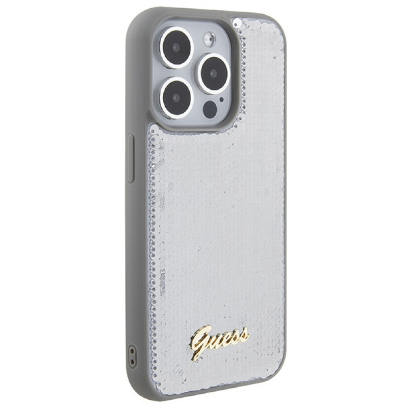Guess GUHCP15LPSFDGSS Sequin Script Metal Hardcase für Apple iPhone 15 Pro, Silber