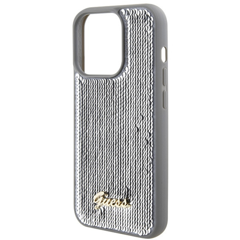 Guess GUHCP15LPSFDGSS Sequin Script Metal Hardcase für Apple iPhone 15 Pro, Silber