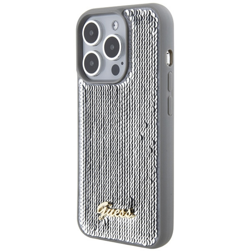 Guess GUHCP15XPSFDGSS Sequin Script Metal Hardcase für Apple iPhone 15 Pro Max, Silber