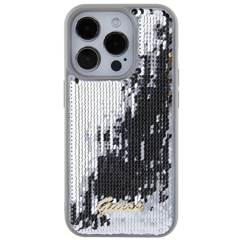 Guess GUHCP15XPSFDGSS Sequin Script Metal Hardcase für Apple iPhone 15 Pro Max, Silber