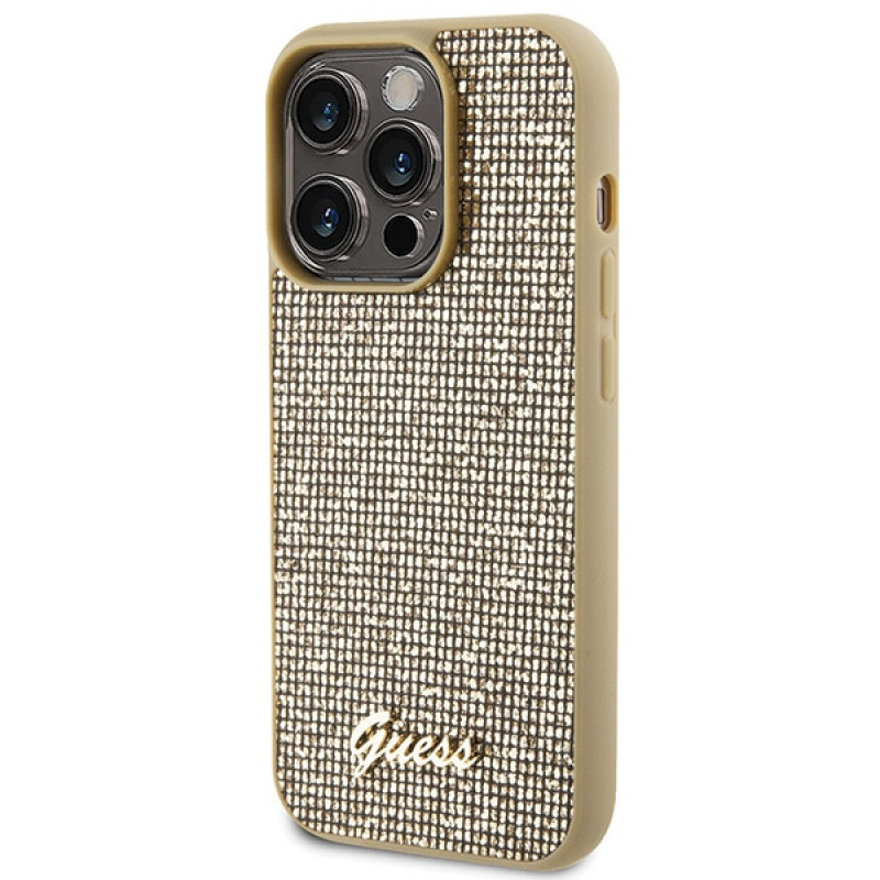 Guess GUHCP15LPMSDGSD Disco Metal Script Hardcase für Apple iPhone 15 Pro, Gold