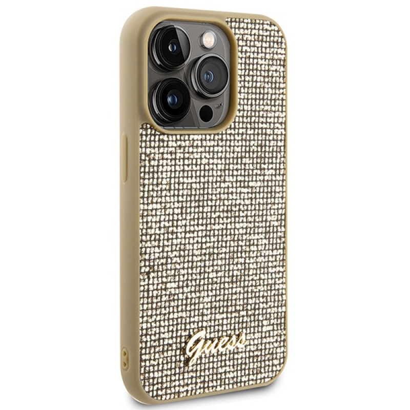 Guess GUHCP15LPMSDGSD Disco Metal Script Hardcase für Apple iPhone 15 Pro, Gold