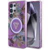 Guess Glitter Flowers Triangle Buttons MagSafe Hülle für Samsung Galaxy S25 Ultra, lila