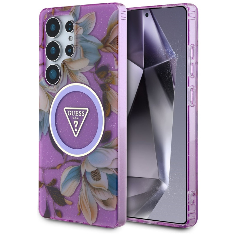 Guess Glitter Flowers Triangle Buttons MagSafe Hülle für Samsung Galaxy S25 Ultra, lila