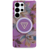 Guess Glitter Flowers Triangle Buttons MagSafe Hülle für Samsung Galaxy S25 Ultra, lila