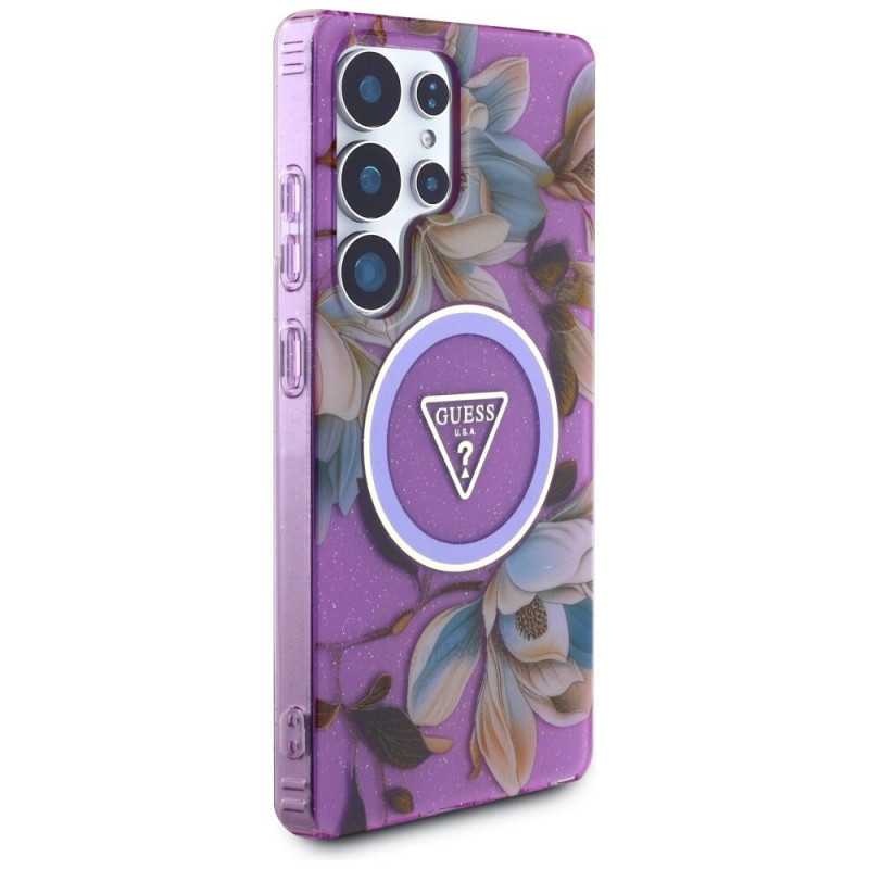 Guess Glitter Flowers Triangle Buttons MagSafe Hülle für Samsung Galaxy S25 Ultra, lila