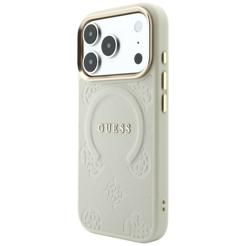 Guess Saffiano Peony & Ring MagSafe Hülle für Apple iPhone 18 Pro / 17 Pro, beige