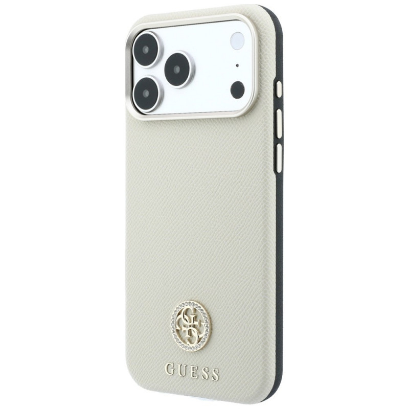 Guess GUE005545 Grained Round Strass Logo MagSafe Hülle für Apple iPhone 18 Pro / 17 Pro, beige