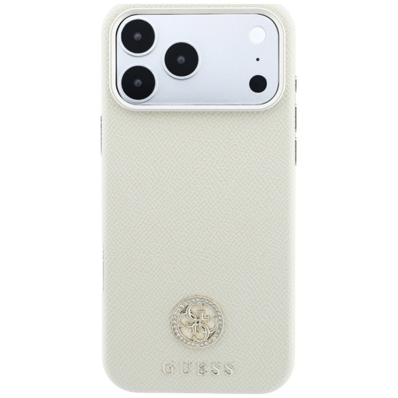 Guess GUE005545 Grained Round Strass Logo MagSafe Hülle für Apple iPhone 18 Pro / 17 Pro, beige