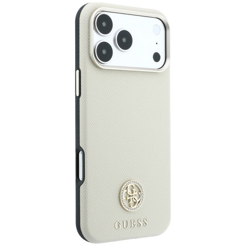 Guess GUE005545 Grained Round Strass Logo MagSafe Hülle für Apple iPhone 18 Pro / 17 Pro, beige