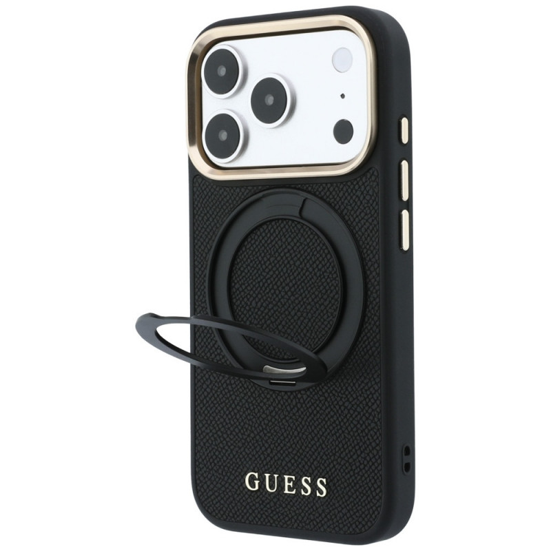 Guess Ring Stand 360 Grained Classic Logo MagSafe Hülle für Apple iPhone 18 Pro / 17 Pro, schwarz
