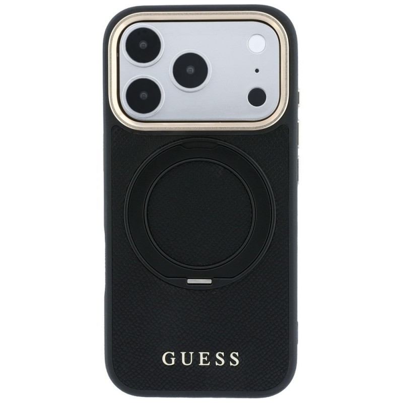Guess Ring Stand 360 Grained Classic Logo MagSafe Hülle für Apple iPhone 18 Pro / 17 Pro, schwarz