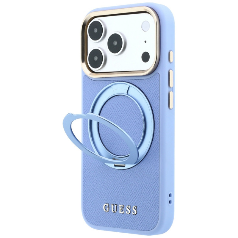 Guess Ring Stand 360 Grained Classic Logo MagSafe Hülle für Apple iPhone 18 Pro Max / 17 Pro Max, hellblau