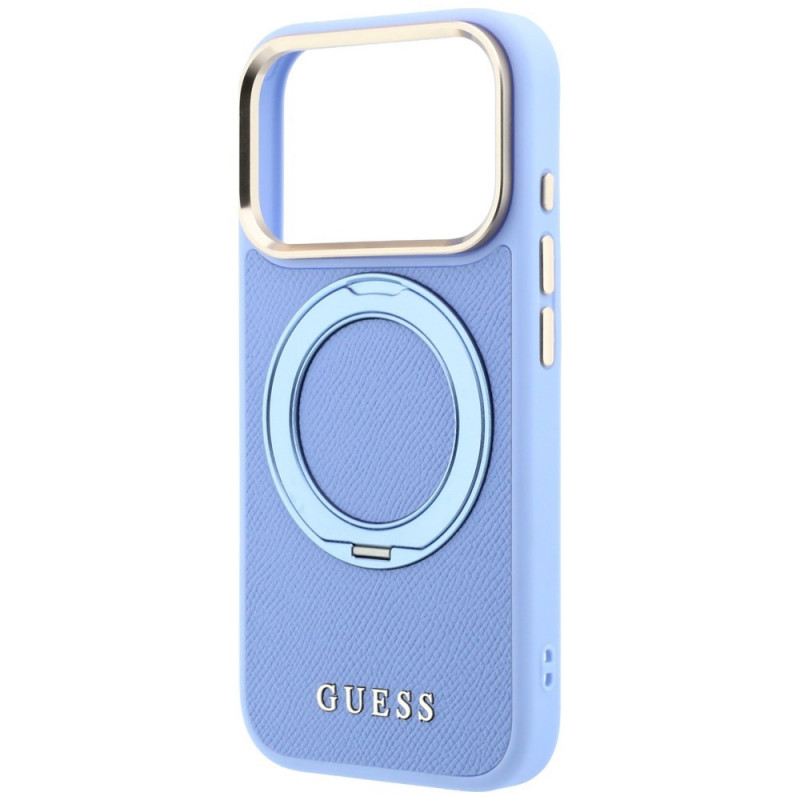 Guess Ring Stand 360 Grained Classic Logo MagSafe Hülle für Apple iPhone 18 Pro / 17 Pro, hellblau
