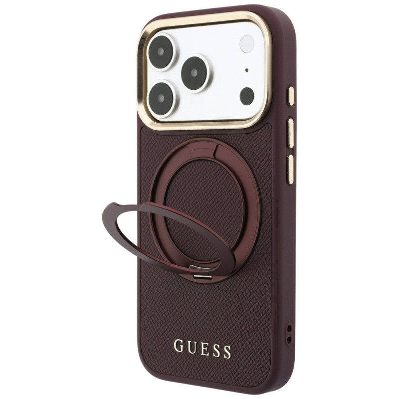 Guess Ring Stand 360 Grained Classic Logo MagSafe Hülle für Apple iPhone 18 Pro / 17 Pro, burgunder