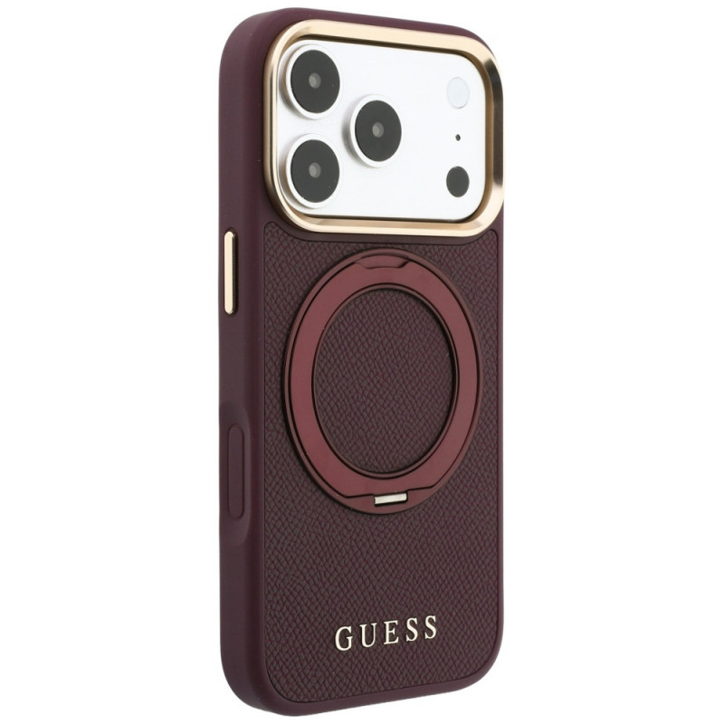 Guess Ring Stand 360 Grained Classic Logo MagSafe Hülle für Apple iPhone 18 Pro / 17 Pro, burgunder