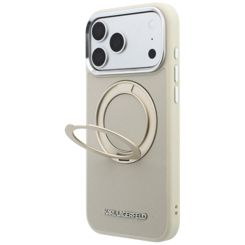 Karl Lagerfeld Ring Stand 360 Saffiano Classic Logo MagSafe Hülle für Apple iPhone 18 Pro / 17 Pro, Beige