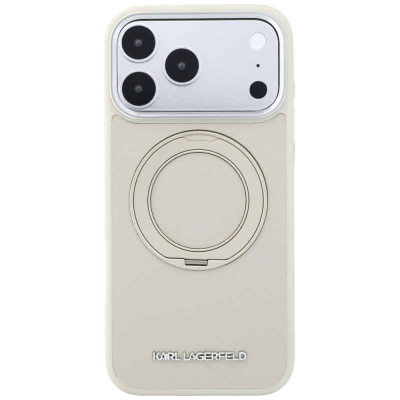 Karl Lagerfeld Ring Stand 360 Saffiano Classic Logo MagSafe Hülle für Apple iPhone 18 Pro / 17 Pro, Beige