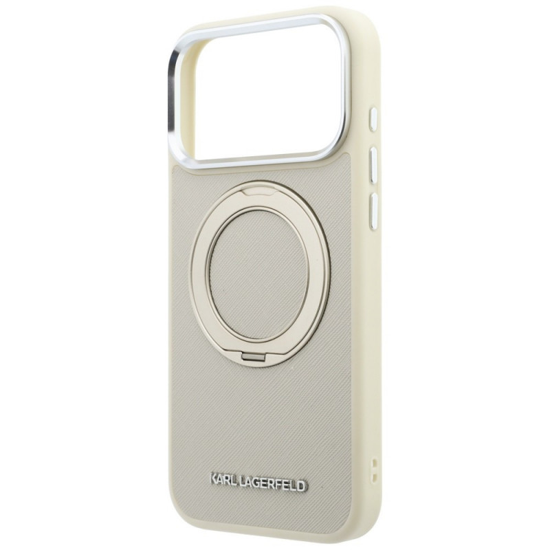 Karl Lagerfeld Ring Stand 360 Saffiano Classic Logo MagSafe Hülle für Apple iPhone 18 Pro / 17 Pro, Beige