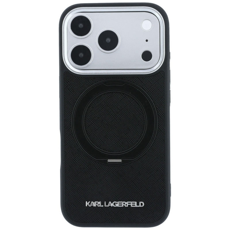 Karl Lagerfeld Ring Stand 360 Saffiano Classic Logo MagSafe Hülle für Apple iPhone 18 Pro / 17 Pro, Schwarz (KF003179)