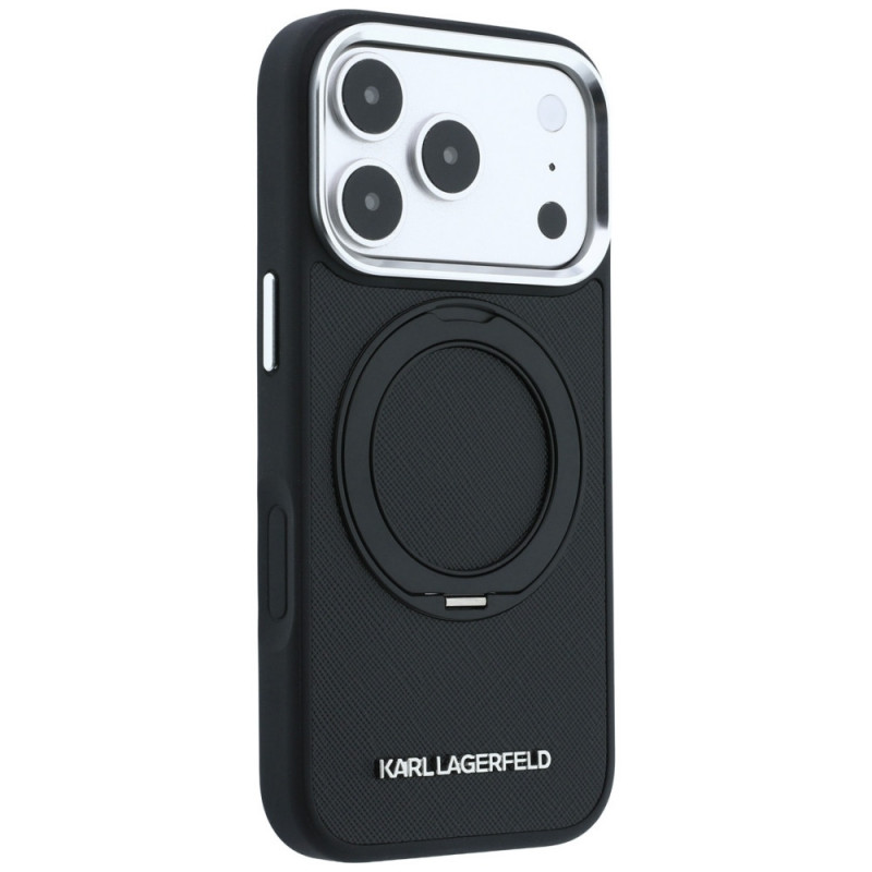 Karl Lagerfeld Ring Stand 360 Saffiano Classic Logo MagSafe Hülle für Apple iPhone 18 Pro / 17 Pro, Schwarz (KF003179)