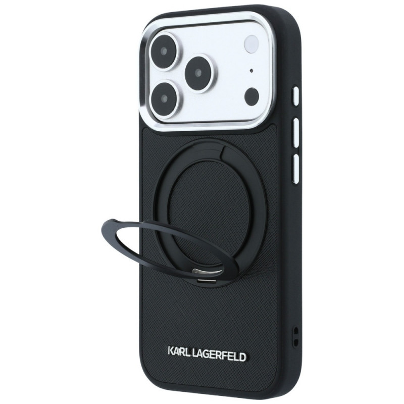 Karl Lagerfeld Ring Stand 360 Saffiano Classic Logo MagSafe Hülle für Apple iPhone 18 Pro Max / 17 Pro Max, Schwarz (KF003180)