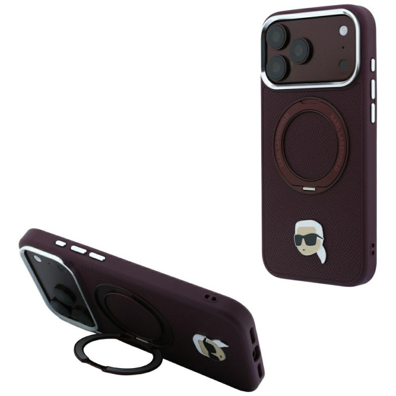 Karl Lagerfeld with Ring Stand 360 Karl Head Pin MagSafe Hülle für Apple iPhone 18 Pro Max / 17 Pro Max, Burgundy