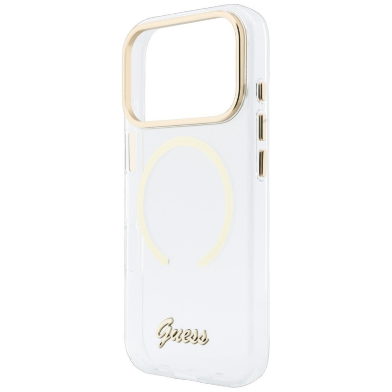 Guess IML Script Metal MagSafe Hülle für Apple iPhone 18 Pro / 17 Pro, transparent